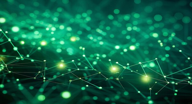 Photo banner with green abstract background with a network grid and particles connected scifi digital