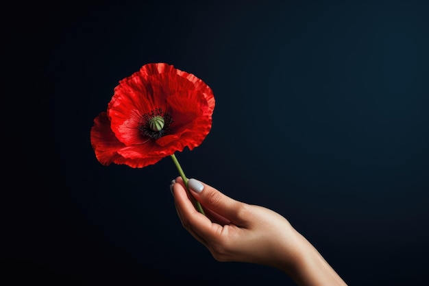 Banner with hand holding red poppy flower symbol for remembrance memorial anzac day