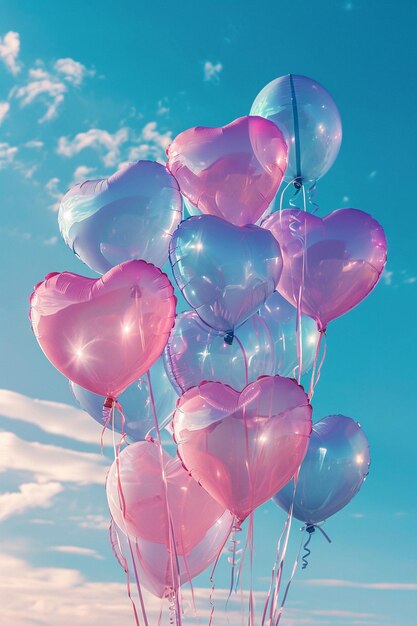 a banner with heart balloons in pastel shades floating in a clear sky