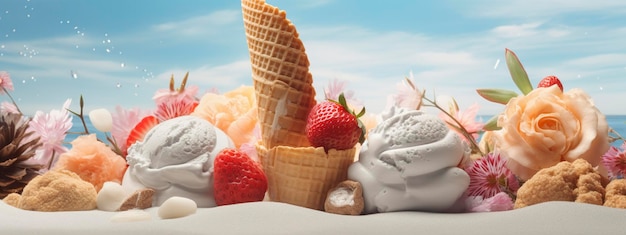 Banner with ice cream in a waffle cone on a summer day