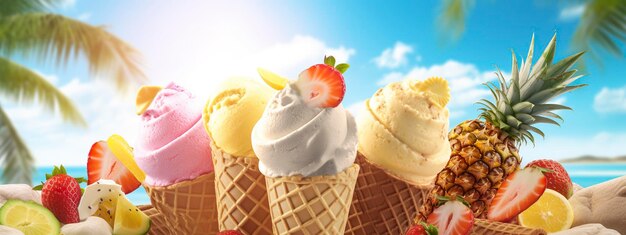 Photo banner with ice cream in a waffle cone on a summer day