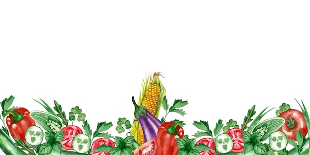 Banner with the image of autumn bright vegetables painted in watercolor on a white background