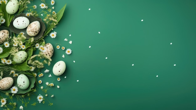 Banner with the image of easter quail eggs and flowers on a green background