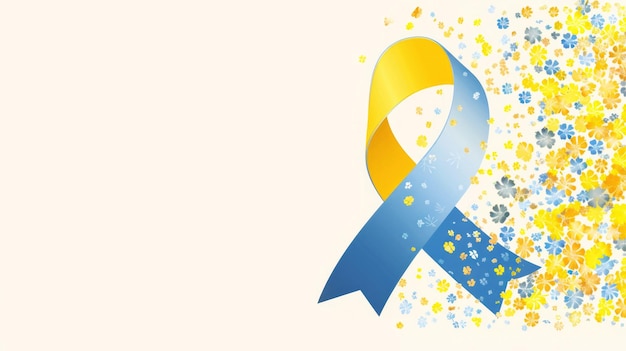 Photo a banner with an image of loop ribbon and yellow blue spring flowers is symbol of down syndrome day