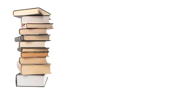 Photo banner with large books stack isolated on white background education reading leisure data search con