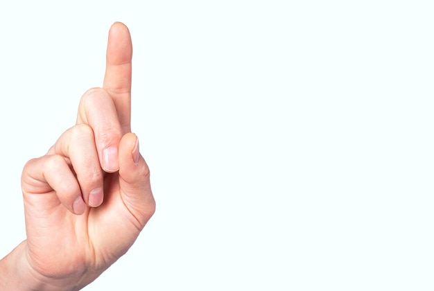 Banner with man index finger raised upwards gesture showing\
number one copy space