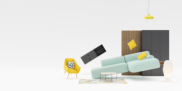 banner with modern furniture and copy space for your advertisement text or logo furniture store interior details furnishings sale or interior project concept template with free space 3d rendering