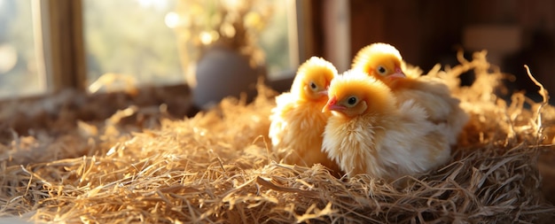 Photo banner with a nest with little yellow chicks on a bright sunny sunday day on farm idea for a card