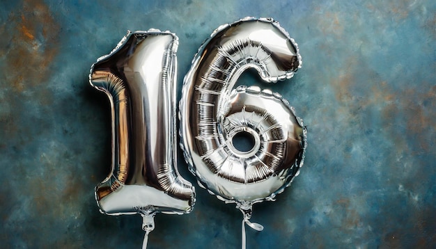 Фото Баннер с номером 16 серебряный воздушный шар празднование 16-й годовщины темно-голубой фон