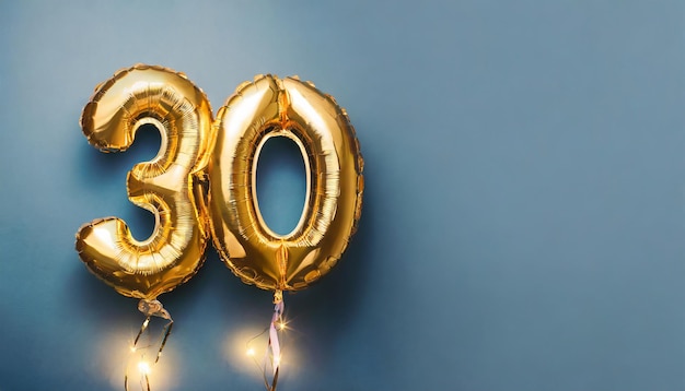 Photo banner with number 30 golden balloon with copy space 30 years anniversary celebration