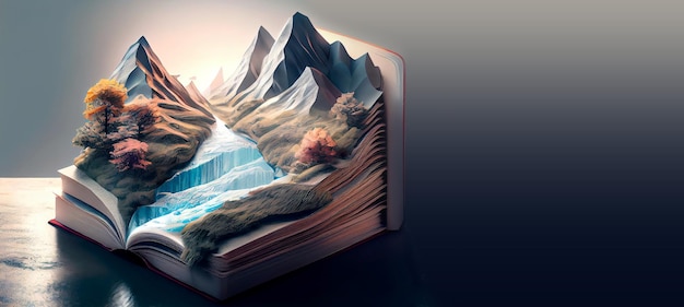 Banner with open book with a fantasy landscape photo popping out World book day