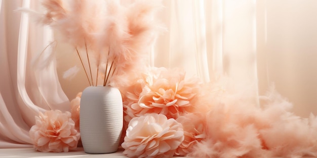 Photo a banner with peach fuzz and white color decorations decorative flowers and a vase with fluffy material pink fabric on the background copy space
