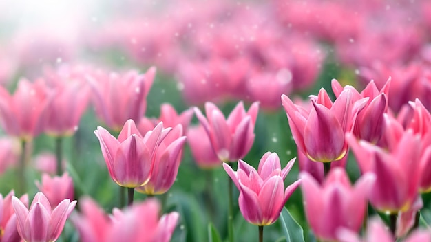 Banner with pink tulips with a sun glare Spring nature background