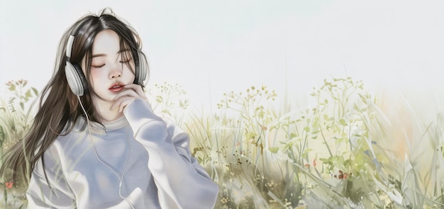 Banner with a portrait of a young beautiful East Asian woman in a spring meadow and enjoying music o