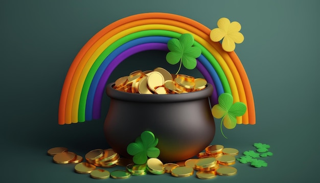 Banner with Pot of gold coins clover leaves image generative AI