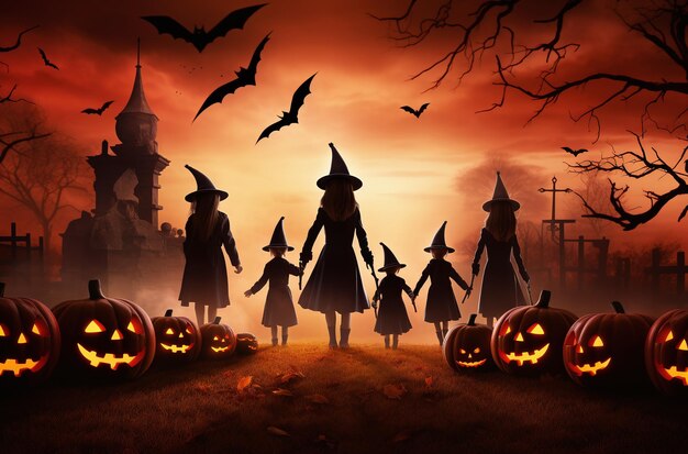 A banner with pumpkins and halloween castle spooky decor halloween night