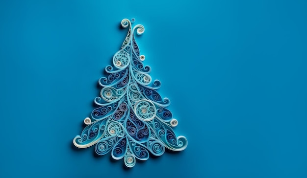 Banner with quilling christmas tree closeup on blue background top view merry christmas and happy new year holiday concept generated by ai