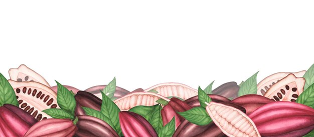 Banner with Ripe Cocoa pod with beans and leaves Watercolor borders Illustration for packagingtemplate menu poster