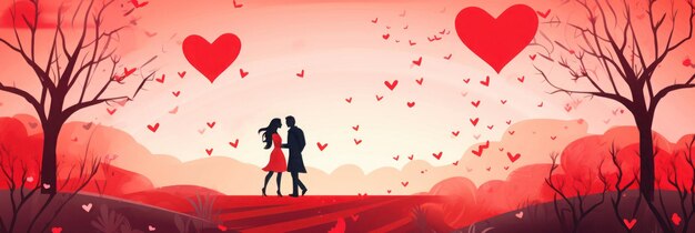 Banner with romantic couple with hearts around them outside for valentines day