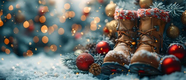 Banner with Santa boots gloves stars and balls hanging on a spruce garland on a snowy background A blank area for a photo or text Copy space is also included