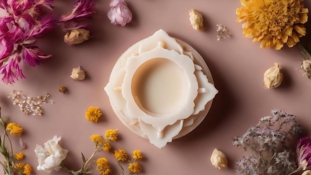 Banner with silicone mold for aroma sachet with dried flowers with soy wax flatlay copy space