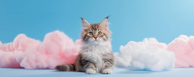 写真 テキストのスペースと可愛い猫と青い背景のバナー