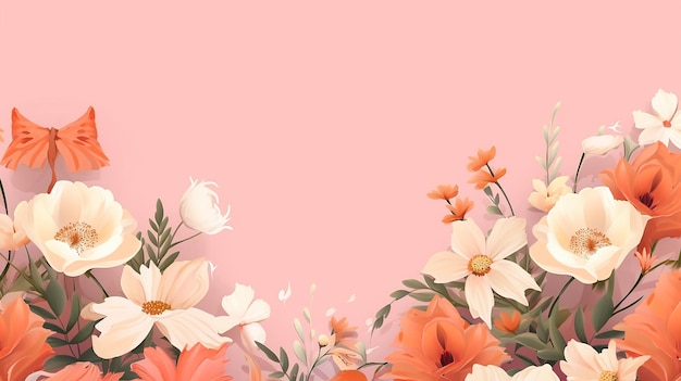 banner with Spring flowers border the peach pastel background