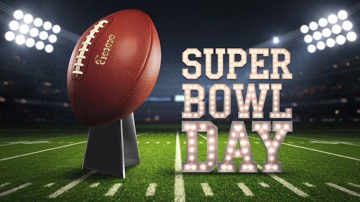 Photo a banner with text super bowl day football stadium filled with fans