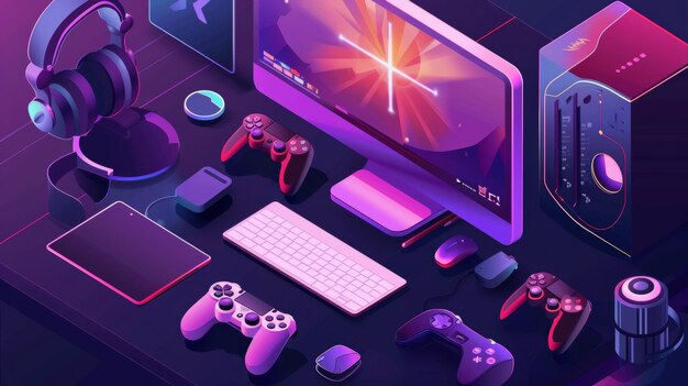 Photo banner with a video and online games development company digital gadgets for players isometric monitor console and joystick graphic