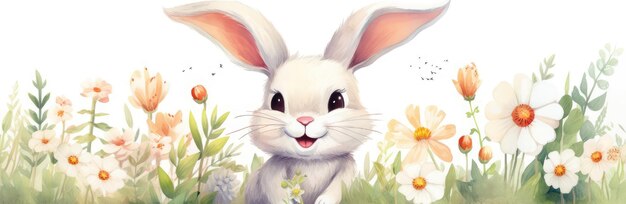 Banner with watercolor cute bunny and wildflowers