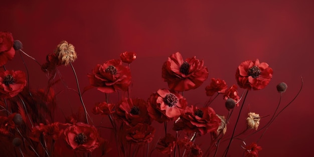 A banner with wilted red flowers on a burgundy background