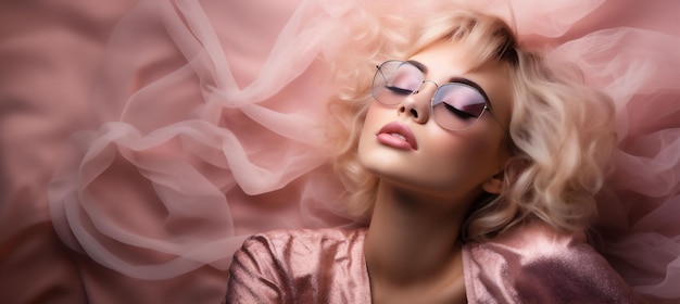 A banner with a woman in a pink dress looking up her eyes closed with beige lips and big round see through sunglasses and short blond curly hair Pink background Copy space