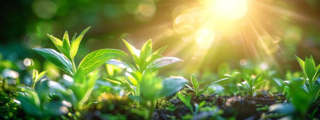 Photo banner with young plant growing in garden seedling are growing in the soil on blurred background of