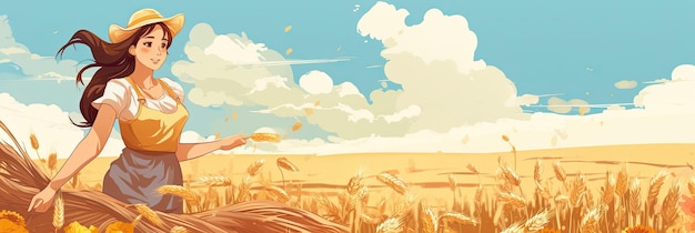 Баннер с изображением молодой женщины-фермера с корзиной собранного урожая. Может использоваться в качестве пригласительного билета на Праздник урожая. Имеется место для дополнительной информации.