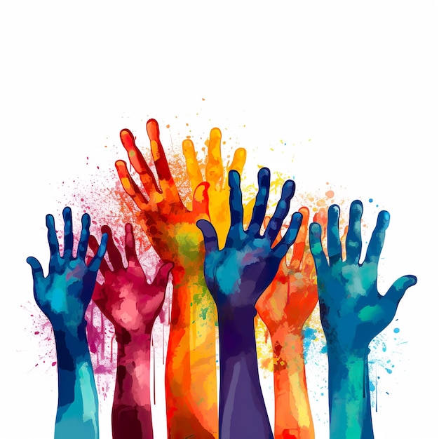 Banner with youth hands multicolored Raising hands concept world youth day banner