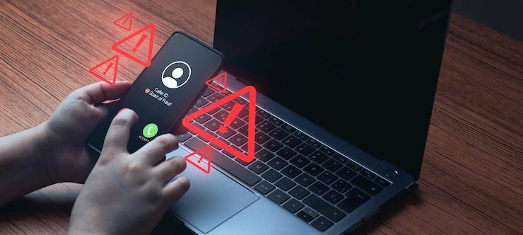 Photo banner of woman using laptop while receiving an unwanted call. spam, scam, phishing and fraud.