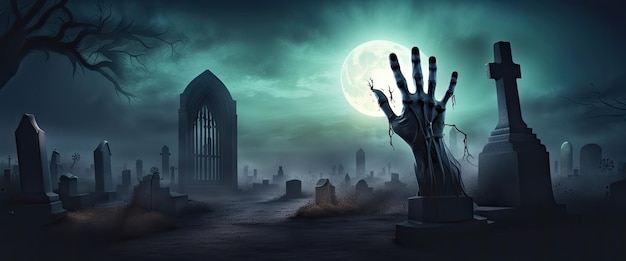 Banner zombie hands emerge from an enchanted halloween cemetery in the mystical forest at night with