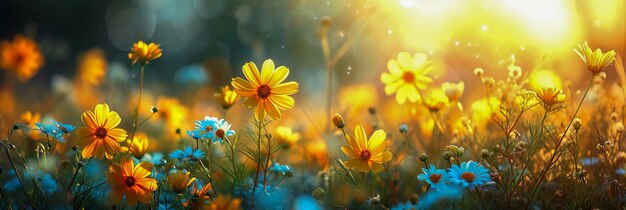 Banner zomer wilde bloemen in een weide op een wazig landschap achtergrond in zonlicht