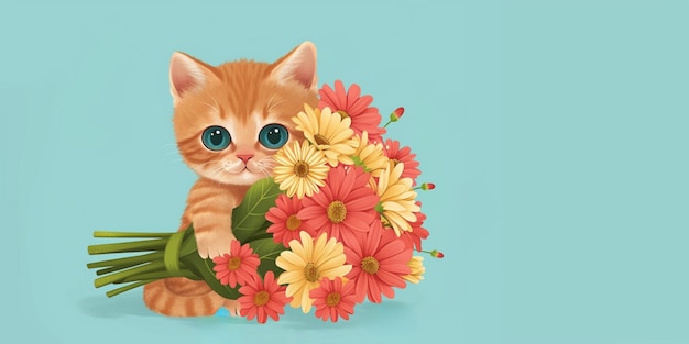 Bannera schattig rood kitten met een boeket bloemenconcept voor reclame voor huisdierenproducten groetekaartjes en feestelijke decoratie