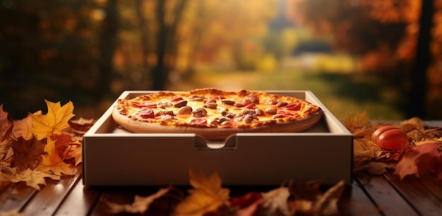 bannerboks met pizza op de achtergrond van een herfstlandschap met herfstbladeren