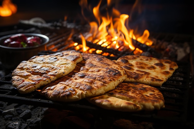 뜨거운 석탄 팬에 빵을 굽는 Bannock 프라이 빵