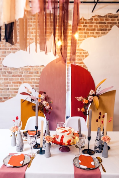 Banquet table decoration and interior inside restaurant