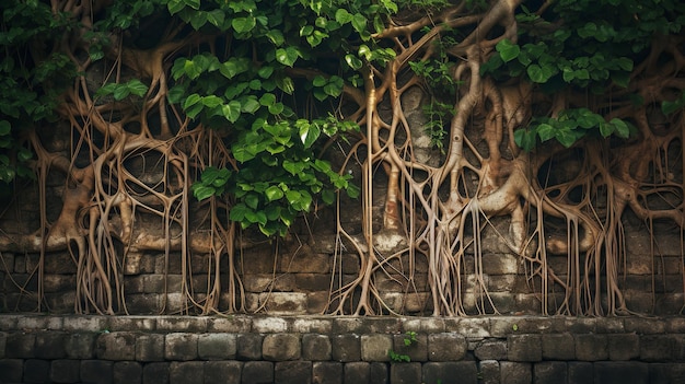 Banyan tree in town which occupies the a part of a wall Generative AI