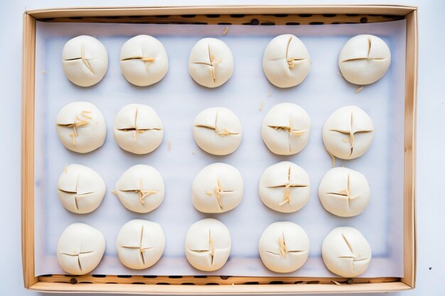 Foto bao broodjes gerangschikt in een patroon op een dienblad