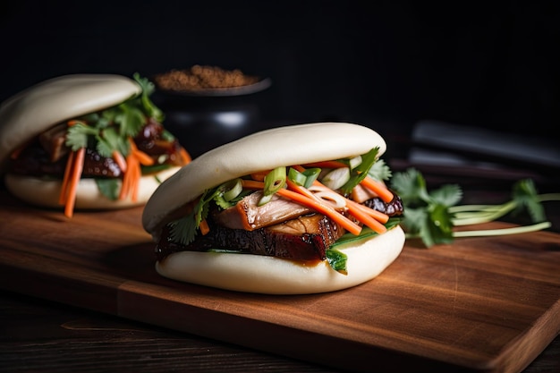 Bao bun filled with juicy and tender pork belly created with generative ai
