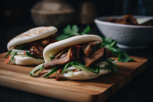 Bao bun with slowroasted pork belly scallions and hoisin sauce created with generative ai