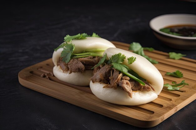 Photo bao bun wrapped in dumpling skin filled with savory pork filling