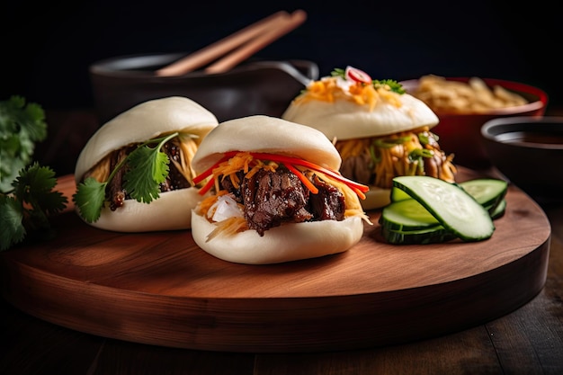 Bao buns with traditional asian fillings steamed bun stirfried duck and pickled cucumber created with generative ai