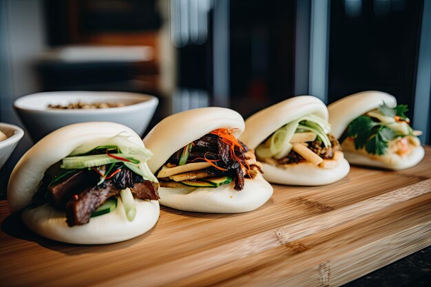 Bao buns with traditional asian fillings steamed bun stirfried duck and pickled cucumber