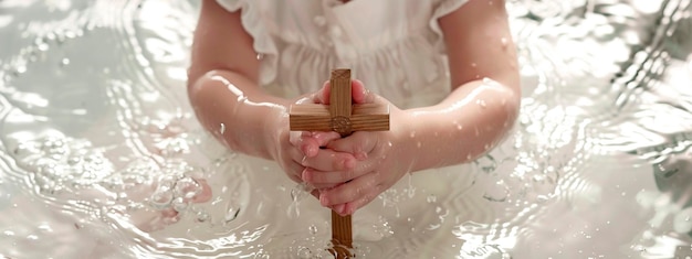 baptism of a child cross in hands selective focus